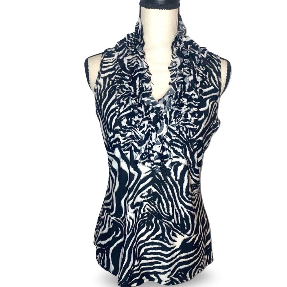 Essentials By Milano Black/White Zebra Ruffled Collar Sleeveless Top Small